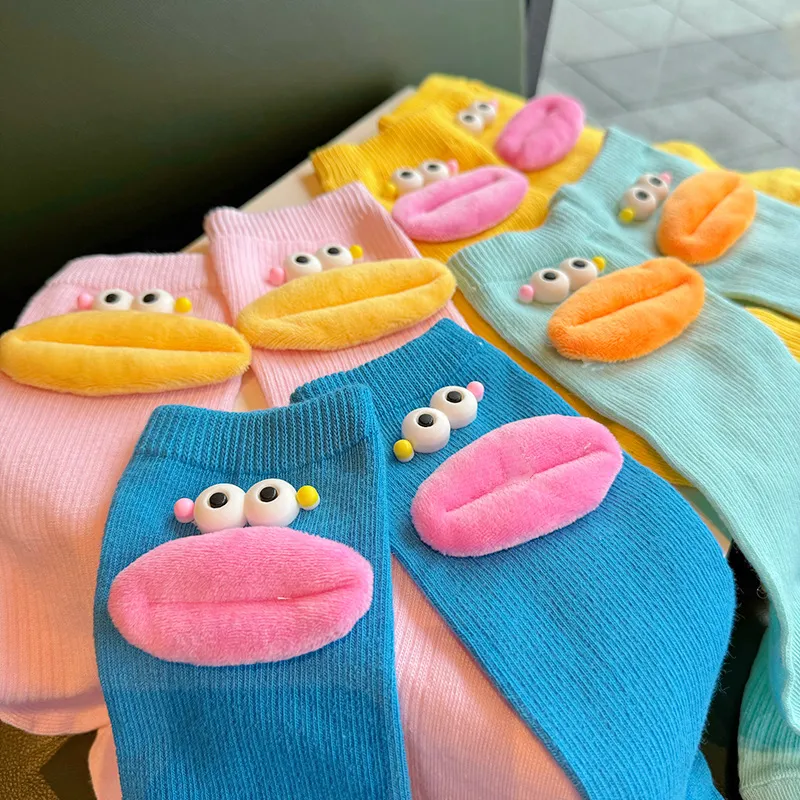Funky Color-Block Fluffy Long Socks with Cartoon Lips & Big Eyes – Dopamine Scrunched Knee-High Socks, Korean Japanese Style Soft Plush Socks for Teens Girls, Trendy Streetwear Socks